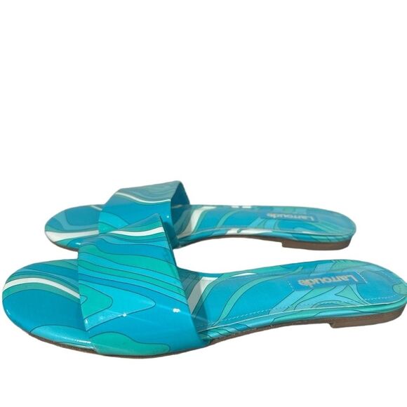 Larroude Ivy Flat Slide Mule Sandal 6.5 Wavy Print Patent Bright Turquoise Blue - Picture 4 of 7